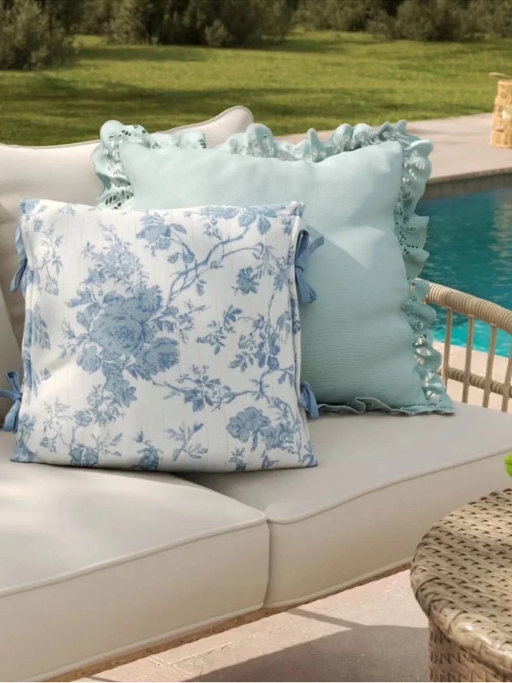 26” x  26” Eyelet Ruffle Outdoor Pillow Blue. Threshold W/ Studio McGee